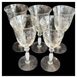 DR - Vintage Fostoria Arcady Etched Floral Glassware - 5 Goblets, 11 Champagne Coupes, 12 Plates, 7 1/4 in tall