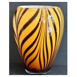 LR - Murano-Style Hand-Blown Glass Vase - Orange/Black Zebra Stripes, 10 in, Poland