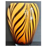 LR - Murano-Style Hand-Blown Glass Vase - Orange/Black Zebra Stripes, 10 in, Poland