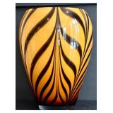 LR - Murano-Style Hand-Blown Glass Vase - Orange/Black Zebra Stripes, 10 in, Poland