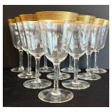 DR - Tiffin Franciscan Water Goblets - 10 Glasses, 1950s, Minton Pattern, Gold Rim