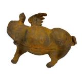 O - Vintage Cast Iron Flying Piggy Bank - Winged Pig