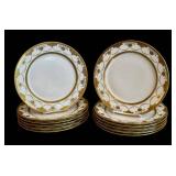 LR - Vintage M.E. & Co France Antique Porcelain Dinner Plates Set of 12, Gold Border