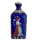 DR - Antique Cobalt Blue Hand-Painted Glass Bottle/Decanter, 6 in