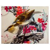O - Silk Embroidered Wall Hanging - Two Birds on Blossoms, 18.75 x 19 in, Framed