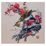 O - Silk Embroidered Wall Hanging - Two Birds on Blossoms, 18.75 x 19 in, Framed