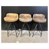 Stool Set of 3 - Round Wood with Iron Frame - Vintage Industrial