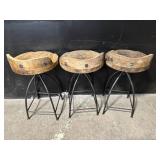 Stool Set of 3 - Round Wood with Iron Frame - Vintage Industrial