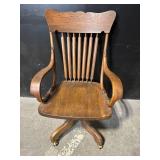 Office Chair - Antique Oak Spindle-Back Swivel with Armrests & Casters