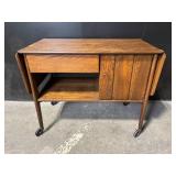 Oak Mid-Century Drop-Leaf Console Desk - Drawer & Cabinet on Casters