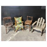 Set of 4 Vintage Wooden Chairs: Child High Chair, Cushioned Armchair, Side Chair, Adirondack Chair