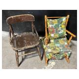 Set of 4 Vintage Wooden Chairs: Child High Chair, Cushioned Armchair, Side Chair, Adirondack Chair