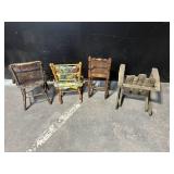 Set of 4 Vintage Wooden Chairs: Child High Chair, Cushioned Armchair, Side Chair, Adirondack Chair