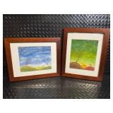 Lisa Hundermilk - Pair of Framed Landscape Art Prints with Mosaic Hills, Signed