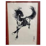 Chinese Ink Horse Painting - Galloping Horse with Red Seal Signature (Framed)