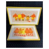 Two Framed Color-Block Art Prints: Umbrella Kids & Ducklings