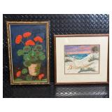 Framed Floral Still Life Geranium & Seascape Beach Prints - 2-Piece Lot