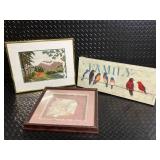 Vintage Framed Wall Art Lot - Mountain Landscape, FAMILY Birds Sign & Lace Keepsake
