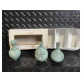 Celadon Ceramics & Glass Lot - Jug w/ Spigot, 3 Bud Vases, White Bowls