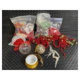 Christmas Ornament Lot: Etched Glass Ball Ornament, 2 Silver Filigree Balls, Bead Garlands & Ribbon