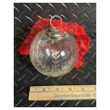 Christmas Ornament Lot: Etched Glass Ball Ornament, 2 Silver Filigree Balls, Bead Garlands & Ribbon