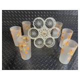 Vintage Frosted Glassware Set with Orange Leaf Motif - Clear Etched Wine Glasses & Champagne Flutes