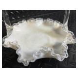 Vintage Glass Candy Baskets - White Milk Glass Ruffled Edge with Clear Handle, Cobalt Blue Basket