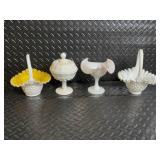 Fenton Hand Painted Milk Glass Hobnail 4-Piece Set - Lidded Jar, Floral Compote, Yellow Interior Baskets