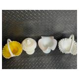 Fenton Hand Painted Milk Glass Hobnail 4-Piece Set - Lidded Jar, Floral Compote, Yellow Interior Baskets
