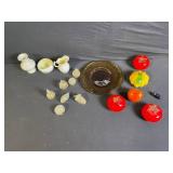 Frosted Glass Pumpkin Ornaments & White Ceramic Vase Set with Amber Bowl