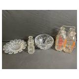 Vintage Clear Glassware Set - Flower Plate, Leaf-Cut Bowl, Mini Bottle & 4 Bottles in Wire Carrier