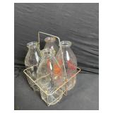 Vintage Clear Glassware Set - Flower Plate, Leaf-Cut Bowl, Mini Bottle & 4 Bottles in Wire Carrier
