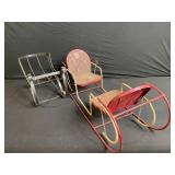 Vintage Two-Seat Metal Toboggan Sled - Red & Yellow Rails, Rusty Paint