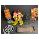 Assorted Halloween Decor Lot - Pumpkin Figure, 2 Gnomes, Spider Web Stands, Tray, Glitter Web