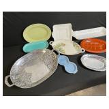 Vintage Serving Dishes Lot: Red Wing USA, Grapevine-Embossed Silver Platter & Ceramic Trays