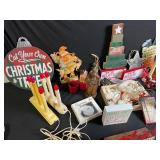 Christmas Decor Lot - Santa Figures, Signs, Wooden Tree & More Vintage Holiday Items