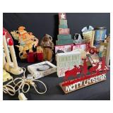 Christmas Decor Lot - Santa Figures, Signs, Wooden Tree & More Vintage Holiday Items