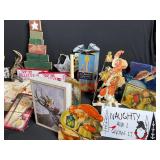 Christmas Decor Lot - Santa Figures, Signs, Wooden Tree & More Vintage Holiday Items