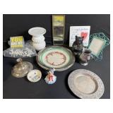 Vintage Decorative Lot: Metal Plates, White Vase, Bulldog Figurine, Clown & Frame