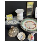 Vintage Decorative Lot: Metal Plates, White Vase, Bulldog Figurine, Clown & Frame