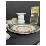 Vintage Decorative Lot: Metal Plates, White Vase, Bulldog Figurine, Clown & Frame