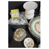 Vintage Decorative Lot: Metal Plates, White Vase, Bulldog Figurine, Clown & Frame