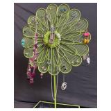 Green Metal Flower Jewelry Tree Display Stand with Dangling Necklaces and Earrings