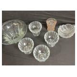 Clear Glassware Set - Large Pedestal Punch Bowl, Footed Ribbed Dessert Cups, Shell-Shaped Bowl, Pink Tinted Glass