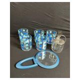 Vintage Kitchenware Lot: Blue Polka-Dot Glasses, SODA Siphon