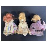 Three Vintage Cloth Dolls - Floral Dresses - 9 in Tall