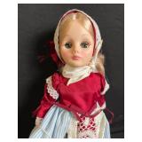 Doll - Vintage Fashion, Red Velvet Bodice, Lace Trim, Blue-Striped Skirt