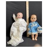 Two Vintage Baby Dolls in White Lace Gown and Blue Dress