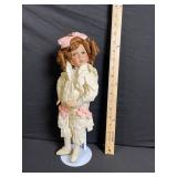 Porcelain Bisque Head Doll - Cream Lace Dress with Pink Ribbon Bows & Stand