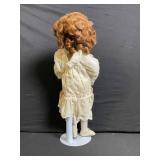 Porcelain Bisque Head Doll - Cream Lace Dress with Pink Ribbon Bows & Stand